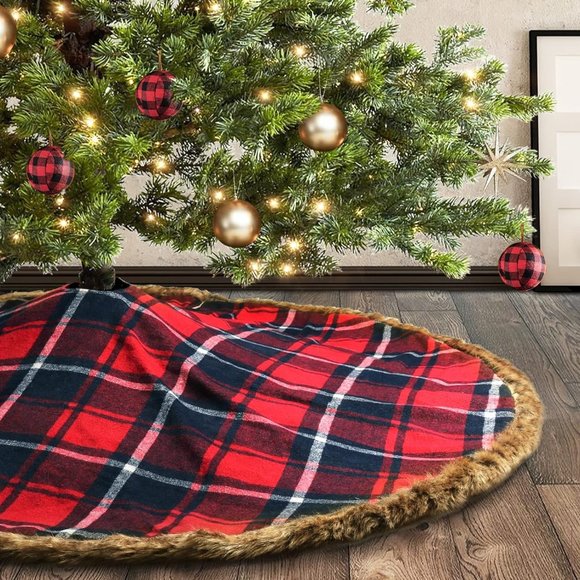 Meriwoods Plaid Christmas Tree Skirt 48 Inch, Large Blk & Red Plaid Tree Collar - Picture 1 of 5